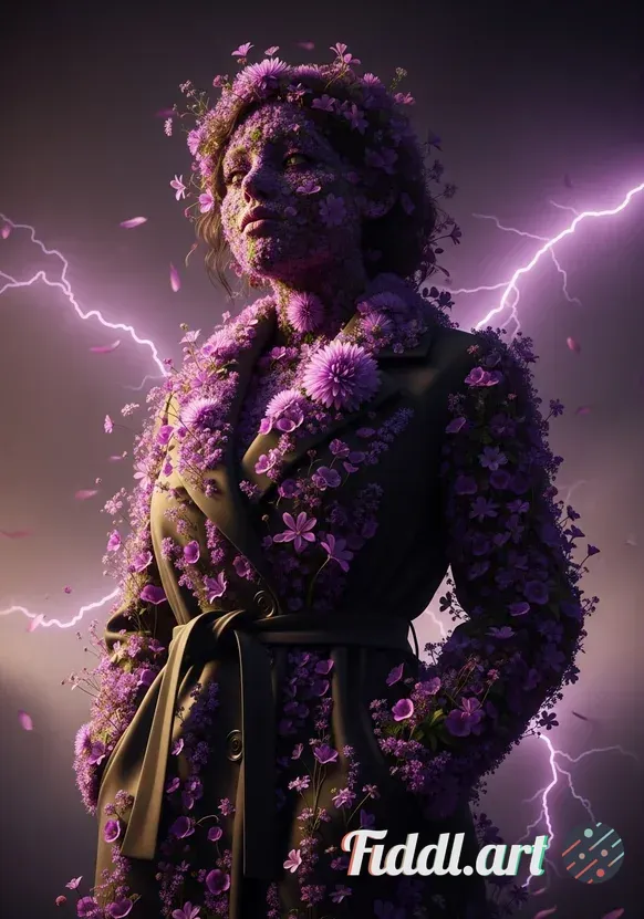 Media Index 0 | Low angle surreal conceptual portrait of a female figure entirely made of lush purple flowers and bl
