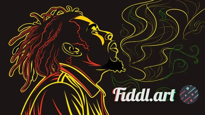 A captivating, neon-infused portrait of Bob Marley in silhouette, rendered in an artistic and modern