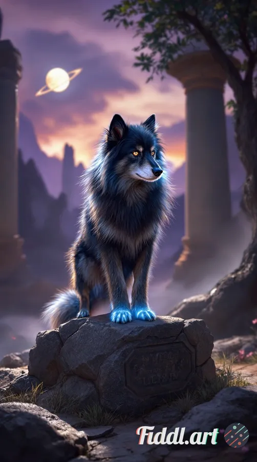 Generate a hyper-realistic digital painting of a Loth-wolf in a sacred, spiritual setting on Lothal.