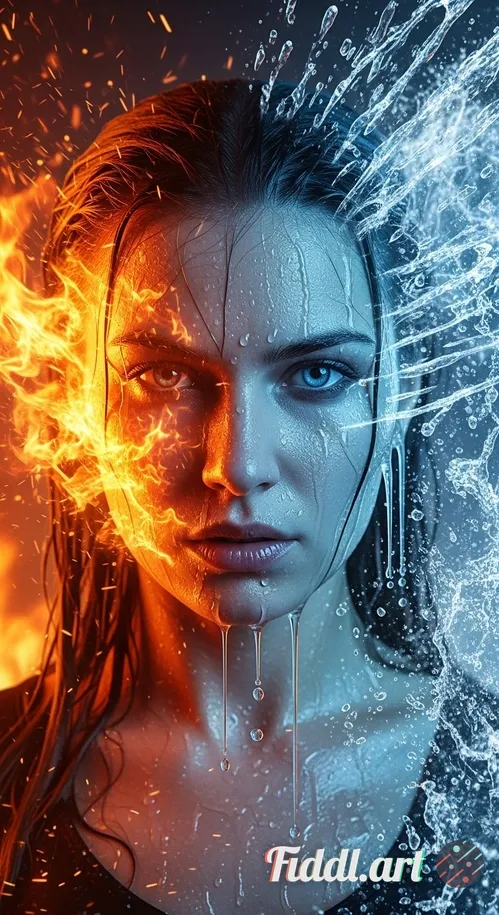 A hyper-realistic cinematic portrait of a fierce, wet-haired woman standing amidst a dramatic elemen