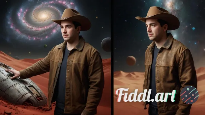 Space Western concept art, a rugged cowboy in a worn leather duster and wide-brimmed hat cautiously 