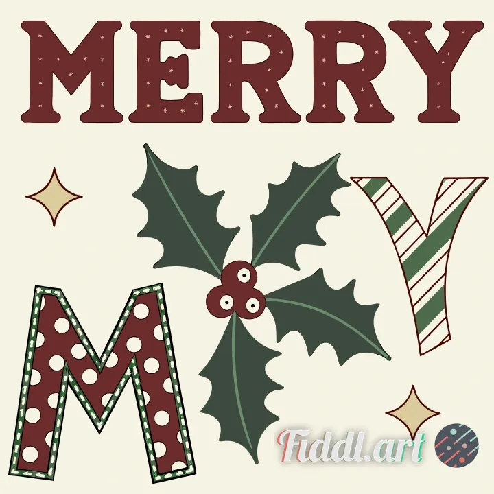 Create a clean, isolated 16:9 horizontal design featuring the word “MERRY” in large, bold, patchwork