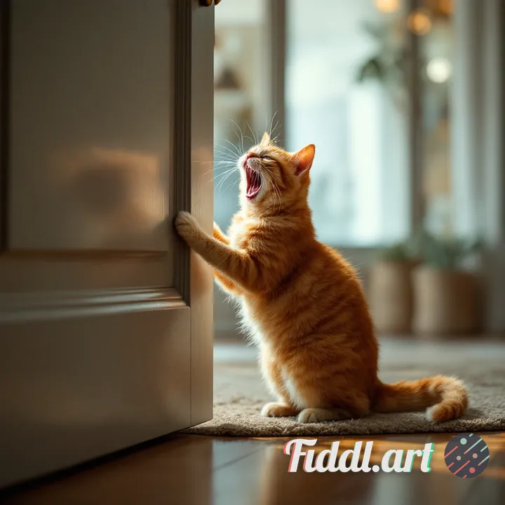 Orange cat screaming because its tail is stuck at the living room door. Faraway image 