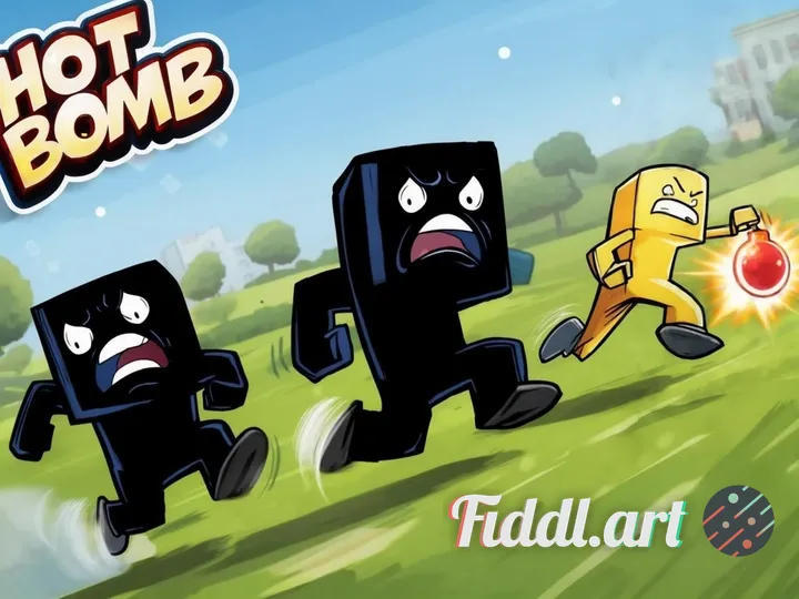 game profile image, title: Hot Bomb, dynamic action scene, three stylized character avatars, two bla