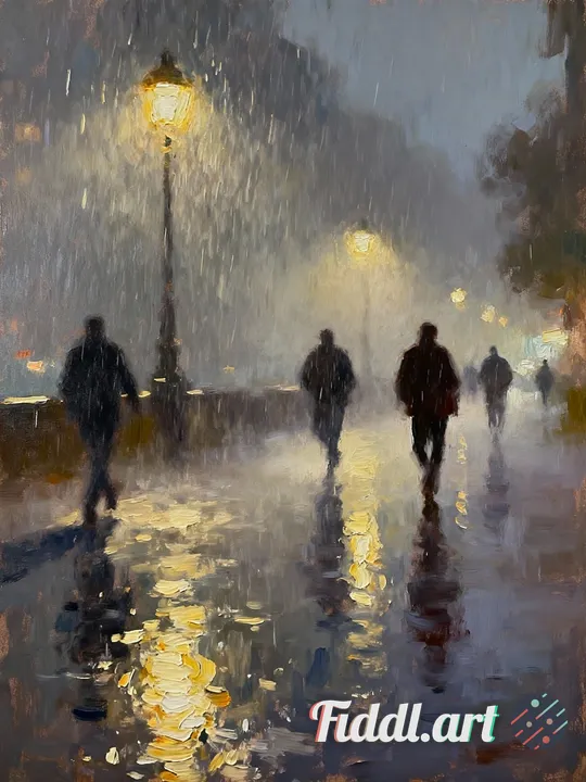 Streetlights glowing through mist and rain, silhouettes of people passing by, softened edges, shimme