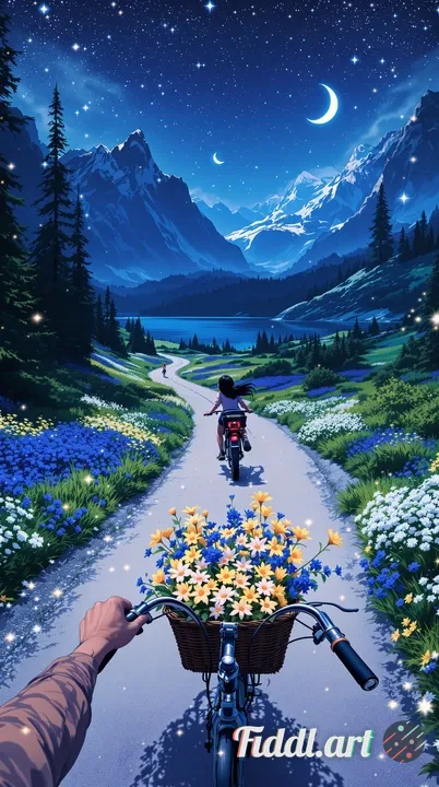 breathtakingly beautiful scene from a first-person perspective the girl rides a bicycle with her han