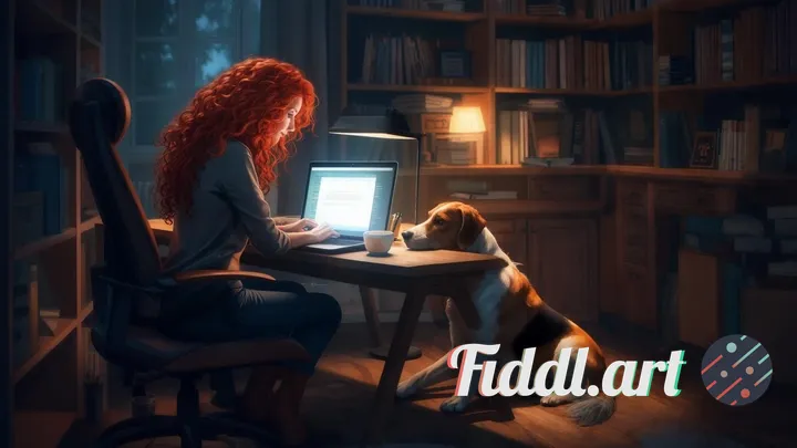 A redhead woman that is a writer. Working on her computer, writing a story. She's in her office, dec