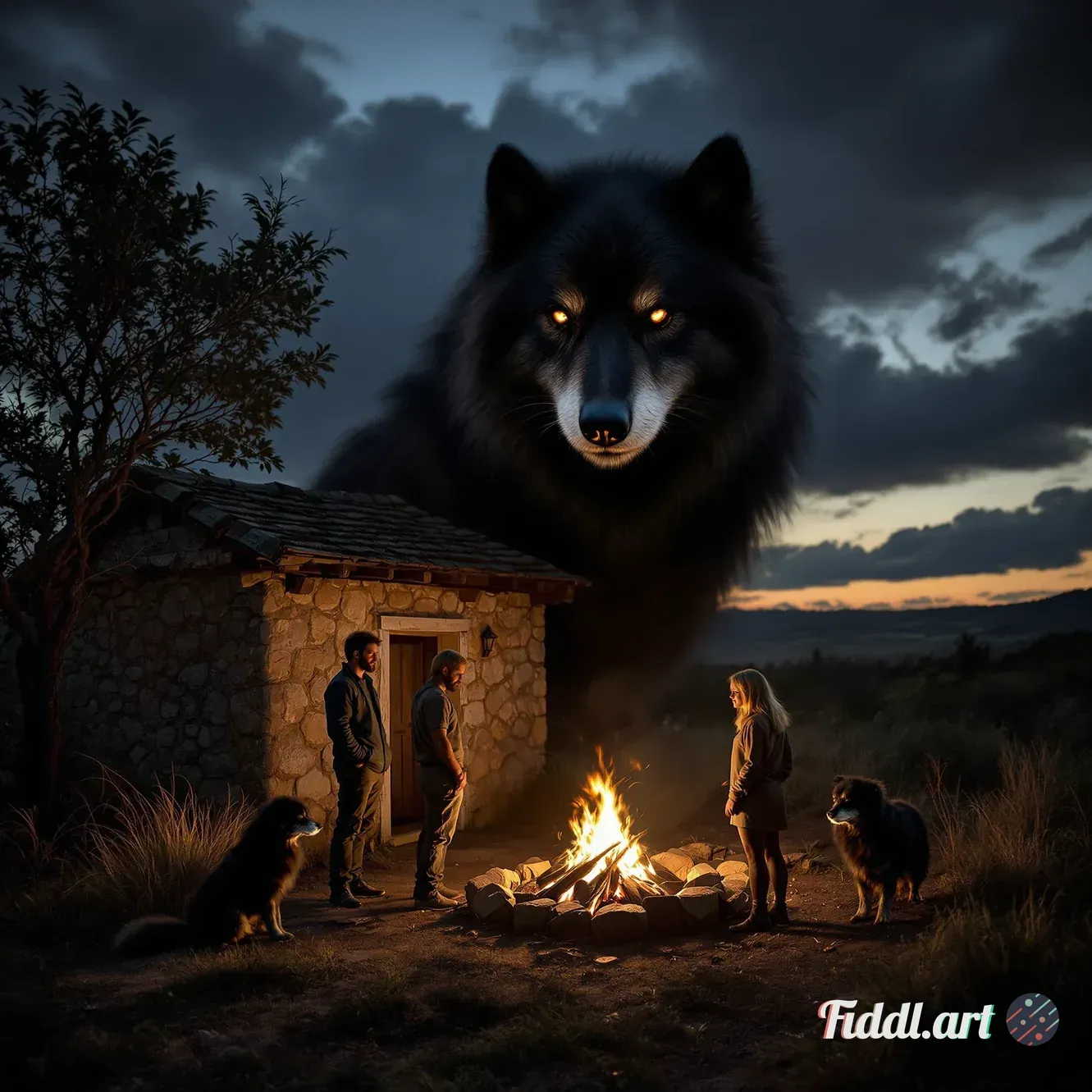 At twilight, next to a small rustic stone tool shed in a remote countryside setting, five people sta