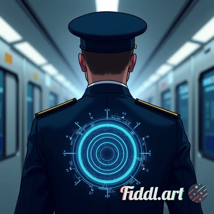 Realistic illustration of a French Navy officer seen from behind, wearing a dark blue naval uniform 