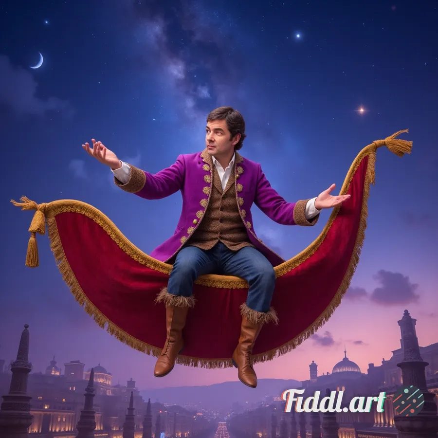 man as Alladin on a flying carpet