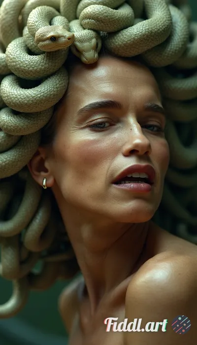 Portrait of Medusa from the bust up. Her expression is one of innocent curiosity, but each snake in 