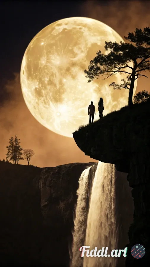 A surreal, cinematic landscape where a **giant glowing full moon** sits on the lip of a high cliff a