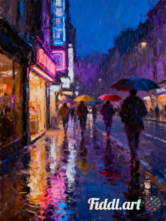 A rain-soaked city street at night, neon lights reflected on wet pavement, umbrellas drifting past, 