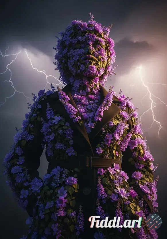 Media Index 0 | Low angle surreal conceptual portrait of a female figure entirely made of lush purple flowers and bl
