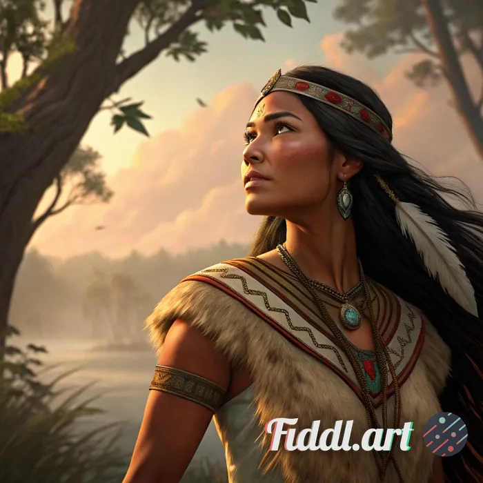 Pocahontas, Cinematic quality, hyper-realistic rendering, rich textures, and high-definition detail.