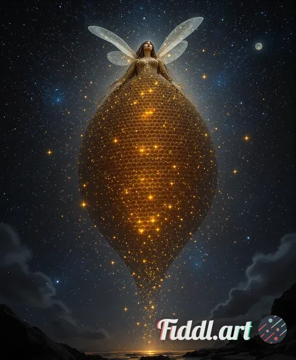 A hyper-detailed, intricate, celestial beehive elegantly floating amidst the vastness of space, surr