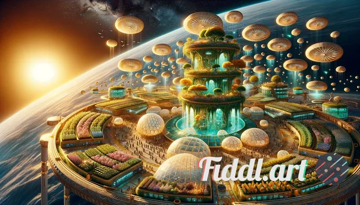 Solarpunk space station, optimistic mood — sprawling orbital habitat bathed in warm golden sunrise l