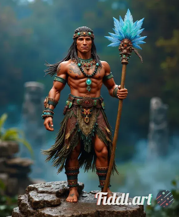 A beautifully detailed action figure of a mystical shaman, showcasing intricate tribal patterns on h