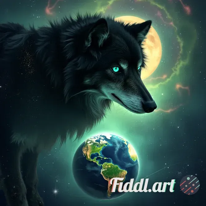 From the vantage of deep space, behold a colossal black wolf’s head emerging from swirling nebulae a