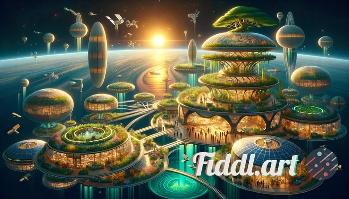 Solarpunk space station, optimistic mood — sprawling orbital habitat bathed in warm golden sunrise l