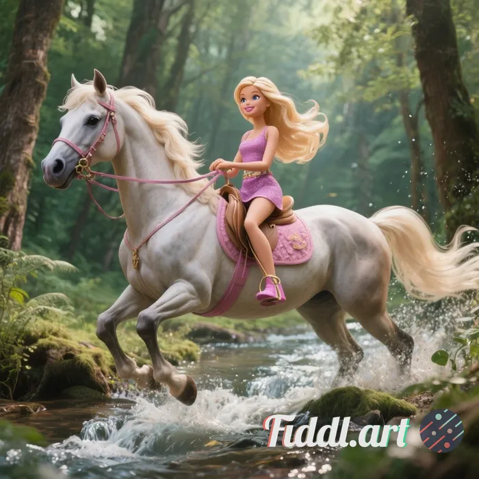 Please use barbie riding a stallion in the forest through stream 