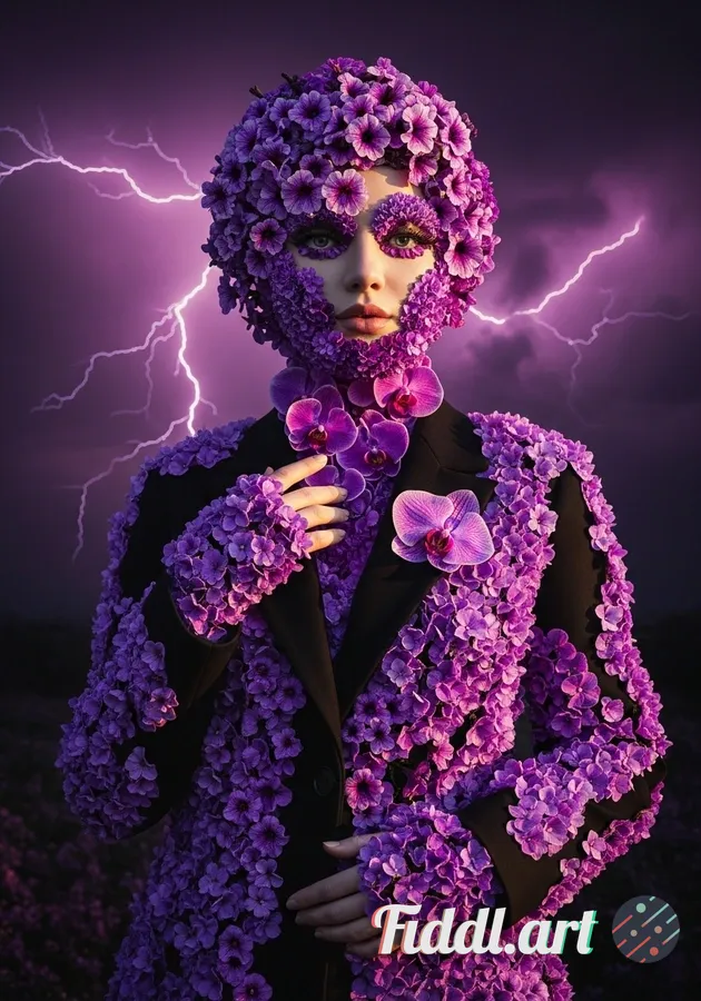 Media Index 0 | surreal conceptual portrait of a female figure entirely made of lush purple flowers and blooming , w