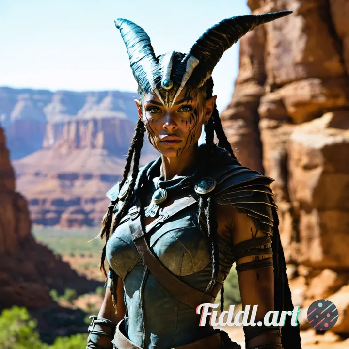 highly detailed cinematic portrait of a strong female alien warrior standing in a sunlit rocky canyo