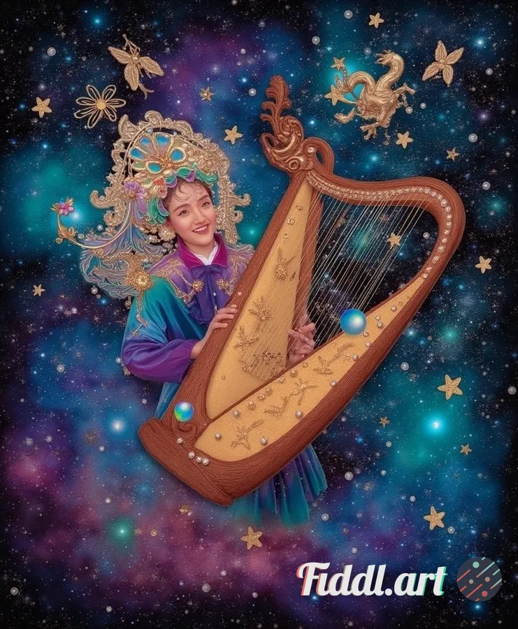 A cosmic musician with ethereal features playing a harp of starlight, as swirling galaxies and color
