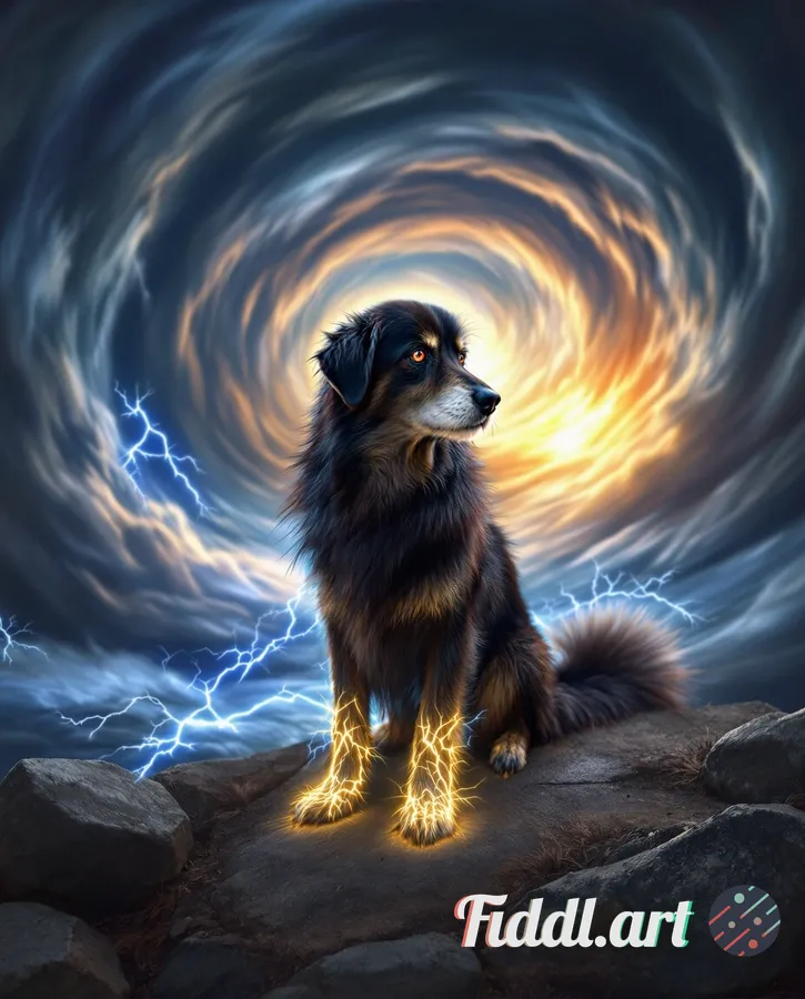 An ultra-realistic depiction of a majestic dog standing confidently in the center of a swirling vort