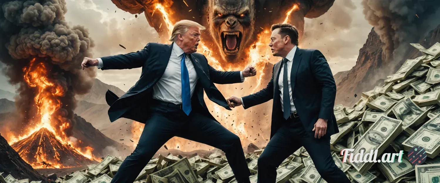 Media Index 0 | Trump and Elon Musk fighting each other while climbing an enormous mountain of money mixed with huma