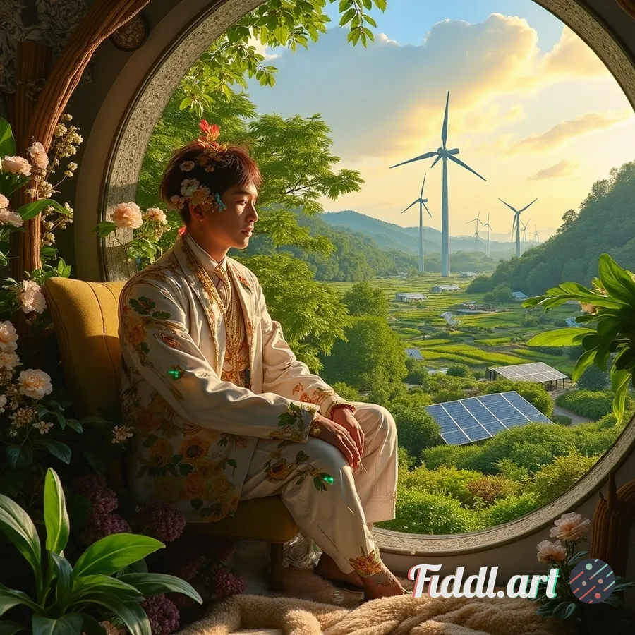 a highly detailed oil painting of a handsome man wearing Solarpunk-inspired clothing, featuring smar