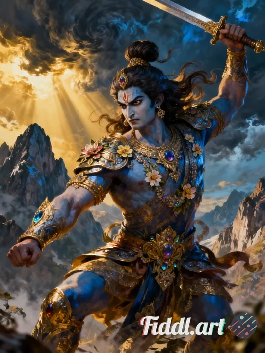 Ancient Indian warrior from Hindu mythology, ornate armor, flowing hair, dramatic sky, epic scale, c