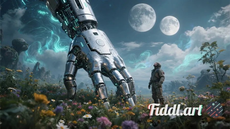 A colossal robotic hand, sculpted from polished chrome, emerges from a bed of vibrant wildflowers, i