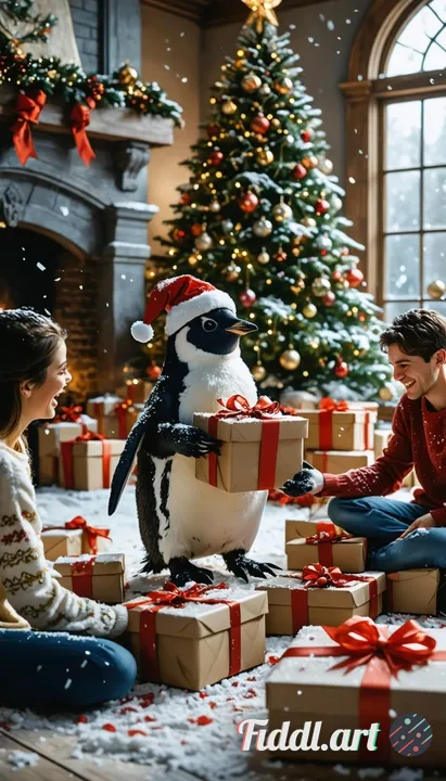 A luxurious Christmas morning in a snowy mansion, beautifully wrapped gifts under a massive twinklin