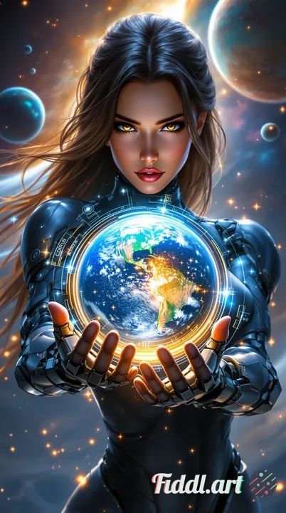 A stunning cinematic 8K ultra-detailed illustration of a beautiful and powerful female space bounty 