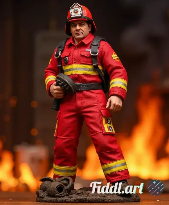 A dynamic action figure of a heroic firefighter, standing boldly in a dramatic pose. He is adorned i