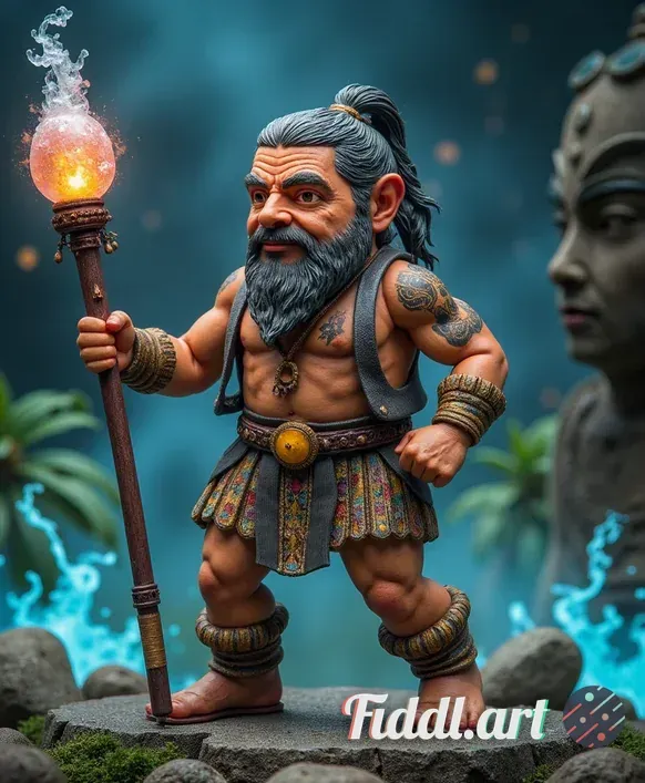 A beautifully detailed action figure of a mystical shaman, showcasing intricate tribal patterns on h