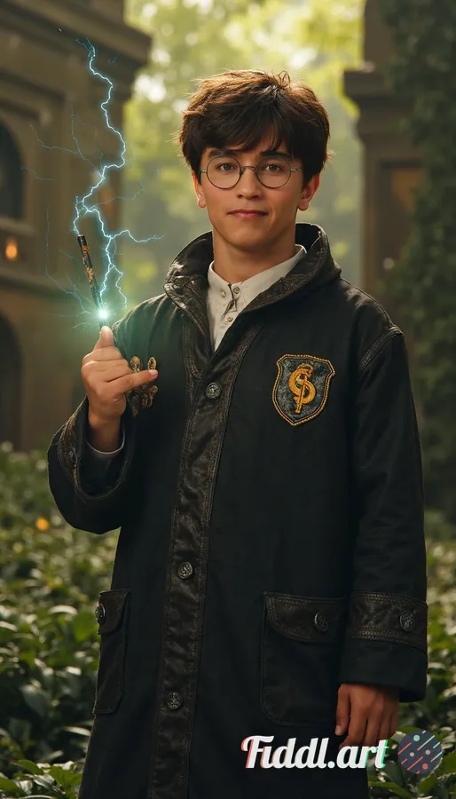 A young man with tousled black hair and round glasses, resembling Harry Potter, stands confidently i