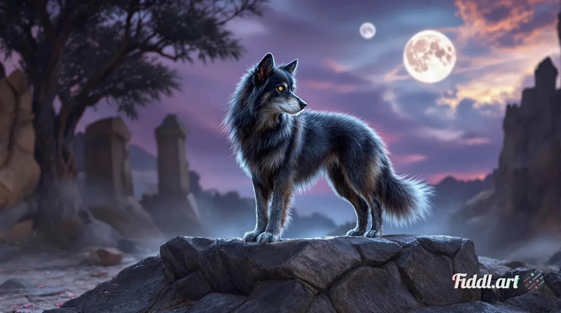 Generate a hyper-realistic digital painting of a Loth-wolf in a sacred, spiritual setting on Lothal.