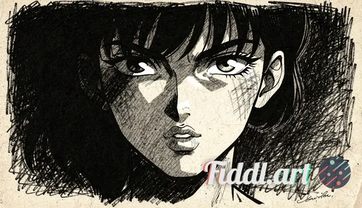 Vintage 90s anime, Scratchy pen strokes, blind contour, perspective closeup, beautiful girl, face in