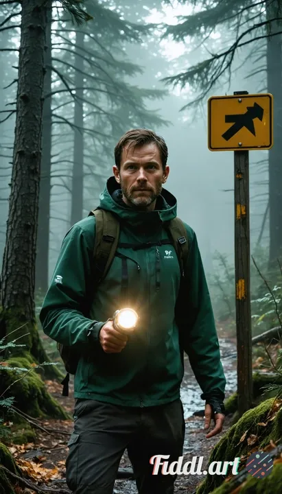 medium shot (chest up), subject ≥ 70–85% of frame, eyes near top third, foggy pine woods, wet leaves