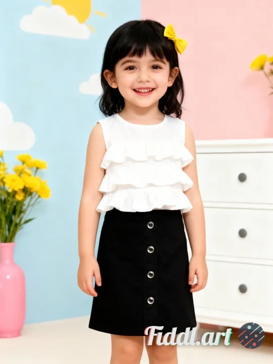 A cheerful indoor scene featuring a full figure of 2-3 years old child standing in a photo studio wi