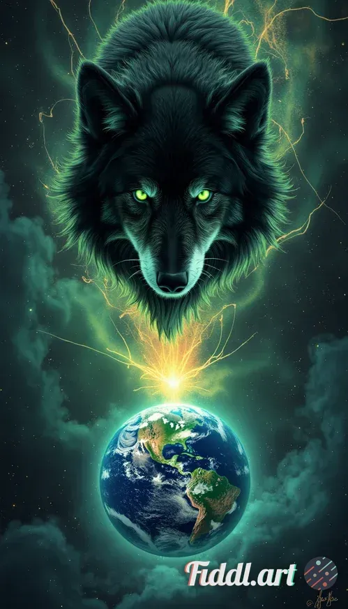 From the vantage of deep space, behold a colossal black wolf’s head emerging from swirling nebulae a
