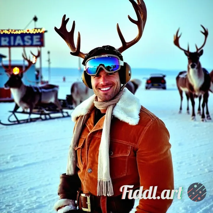 tight three-quarter (mid-thigh up), subject ≥ 75% of frame, eyes near top third, North Pole sleigh r