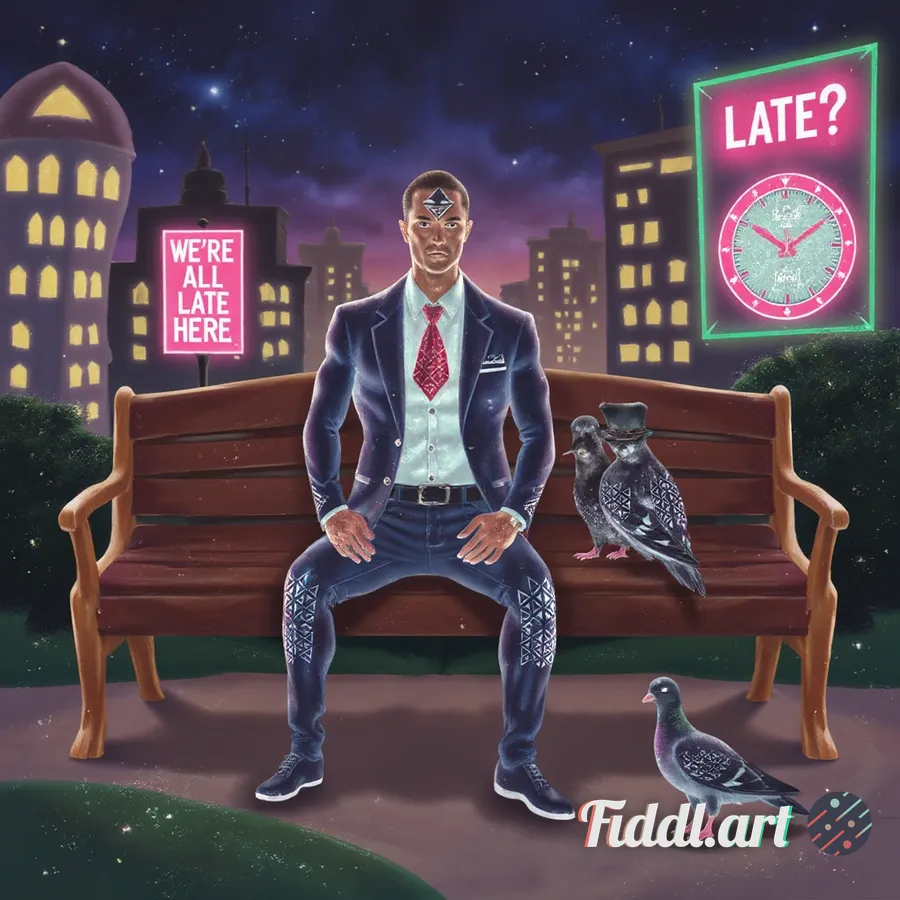 Imagine a quirky, cartoonish urban scene at twilight: a man in a slightly crumpled suit sits on a vi