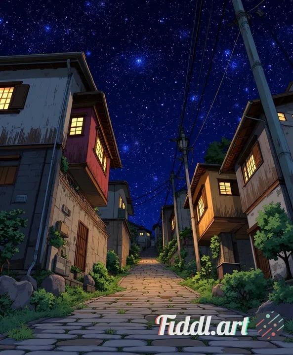 Quiet hillside alley at night, old colorful houses with peeling paint, glowing warm windows, overgro