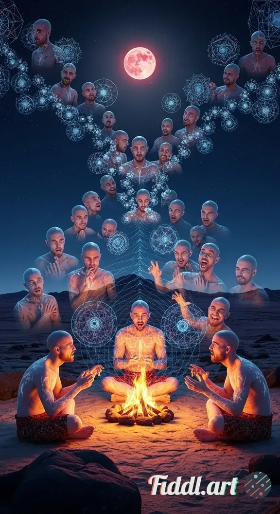 A visionary psychedelic scene set on a desert-like mountaintop beneath a glowing full moon, luminous
