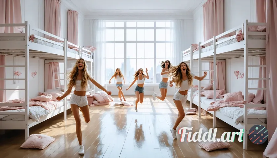 Media Index 0 |  A large, airy sorority dormitory room with polished wooden floors, crisp white walls with ornate mo