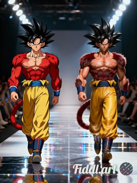 Two versions of the same Saiyan warrior walking side by side on a fashion runway. Both have identica