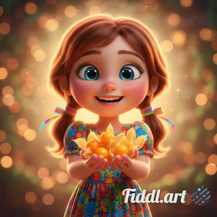 A whimsical Pixar-style 3D render of a cheerful young girl with sparkling expressive eyes, holding a